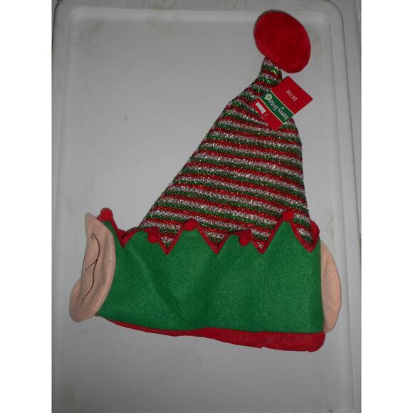 Christmas Elf Hat Green Sliver Red Tinsel Stipes with Ears 17" by Merry Brite - Picture 1 of 2